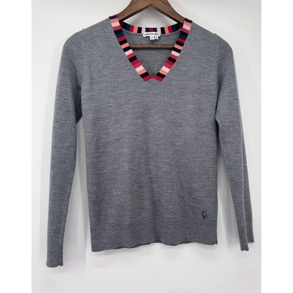Lacoste Women's 40 Gray Extra Fine Merino Wool V-Neck Sweater Striped Trim M
